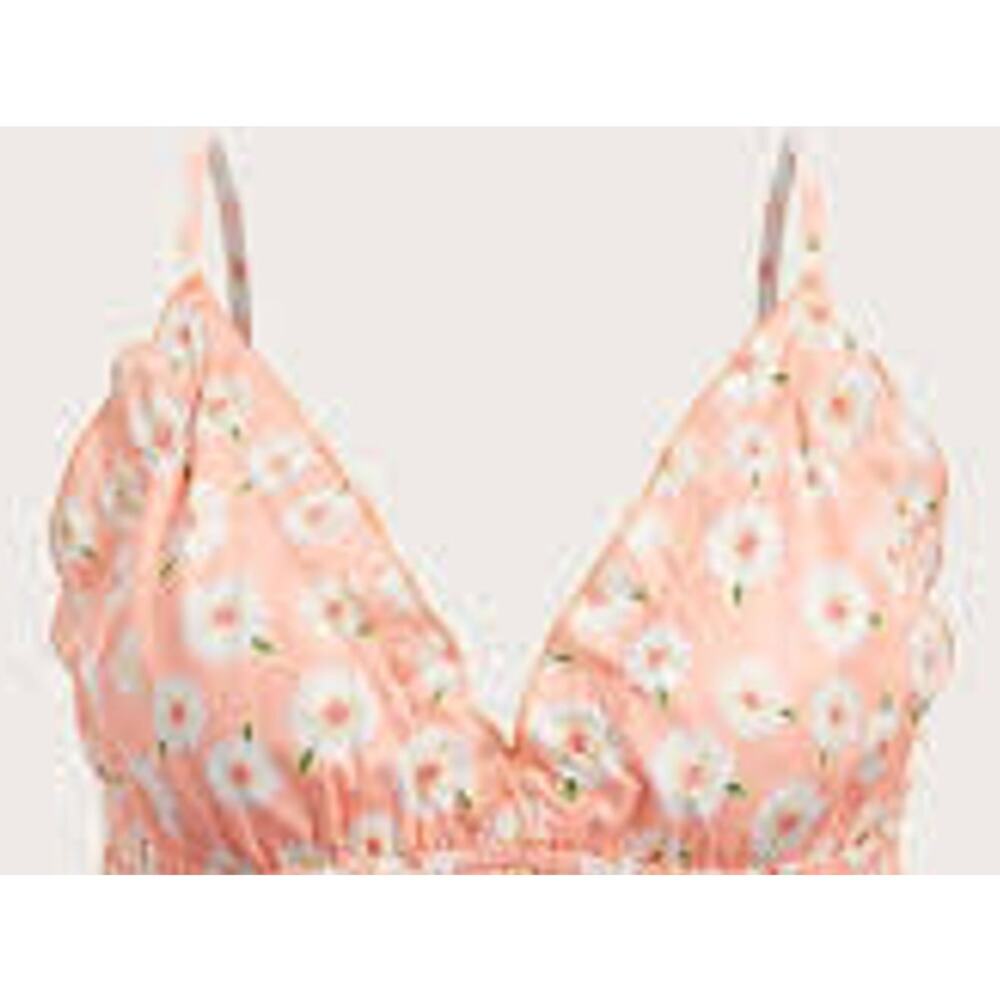 Forever 21 Peach Sheer Daisy Floral Printed Ruffle Detailing Bralette